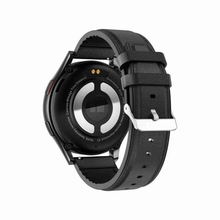 Versatile Leather Strap Smart Watch for Daily Wellness Tracking showing rear sensors and black leather band, heart-rate and sleep monitoring features