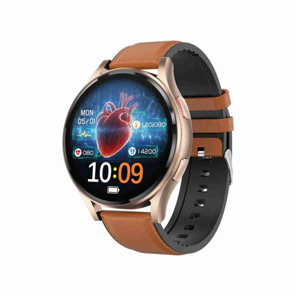 Versatile Leather Strap Smart Watch for Daily Wellness Tracking showing heart-rate screen, brown leather strap and 1.43-inch full touch display