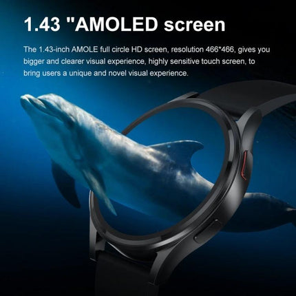 Versatile Leather Strap Smart Watch for Daily Wellness Tracking showing 1.43-inch AMOLED full touch screen and sleek leather strap design