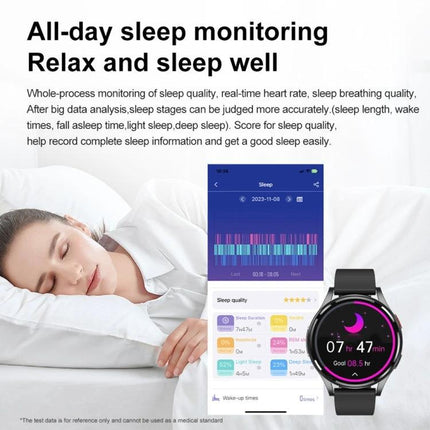 Versatile Leather Strap Smart Watch for Daily Wellness Tracking showing sleep monitoring screen and heart rate insights on a 1.43-inch full touch display
