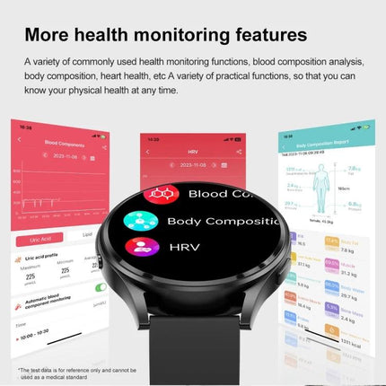 Versatile Leather Strap Smart Watch for Daily Wellness Tracking showing health monitoring screens, heart rate, HRV, body composition on 1.43-inch touch display