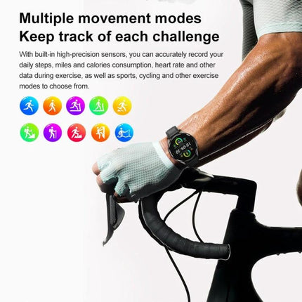 Versatile Leather Strap Smart Watch for Daily Wellness Tracking on cyclist wrist showing activity modes and heart rate on 1.43-inch full touch screen