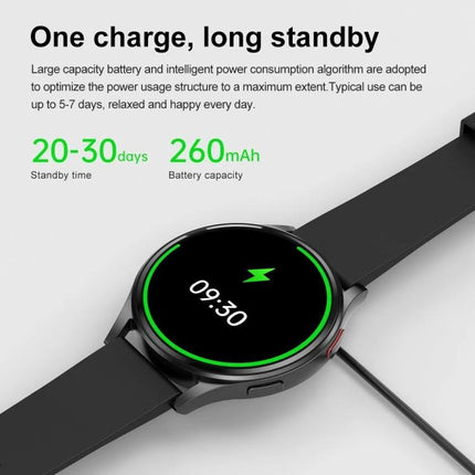 Versatile Leather Strap Smart Watch for Daily Wellness Tracking showing 20–30 day standby, 260mAh battery and 1.43-inch round full touch charging screen