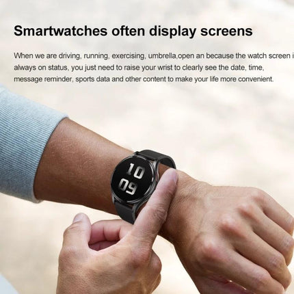 Versatile Leather Strap Smart Watch for Daily Wellness Tracking - person checking heart-rate on 1.43-inch full touch screen leather strap watch during a walk