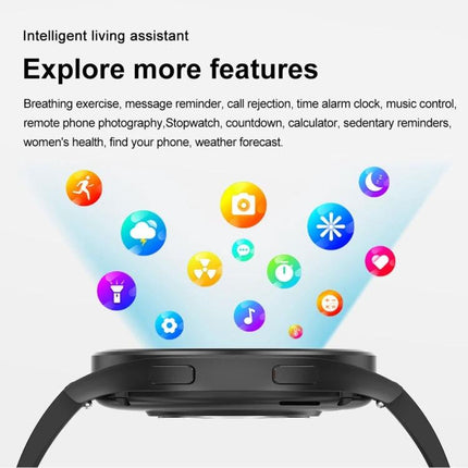 Versatile Leather Strap Smart Watch for Daily Wellness Tracking shown with app icons highlighting features like heart, sleep, music, stopwatch and notifications
