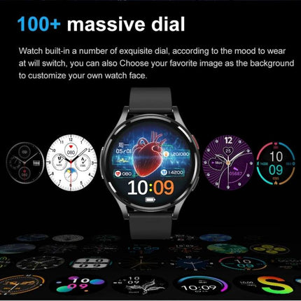 Versatile Leather Strap Smart Watch for Daily Wellness Tracking showing 100+ customizable watch faces on a 1.43-inch full touch screen, heart-rate display