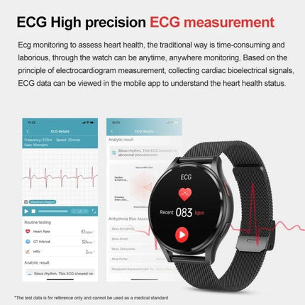 Versatile Leather Strap Smart Watch for Daily Wellness Tracking - black mesh strap showing ECG heart rate 083 bpm on 1.43-inch full touch screen