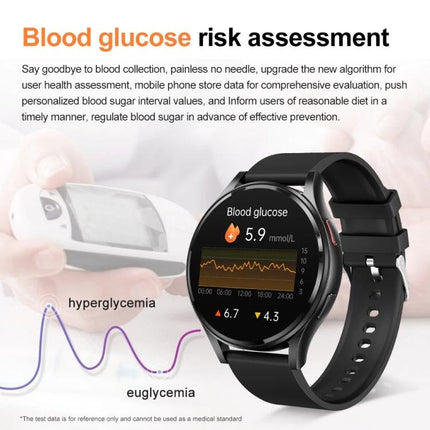 Versatile Leather Strap Smart Watch for Daily Wellness Tracking with blood glucose risk assessment display and heart rate trends on 1.43-inch touchscreen