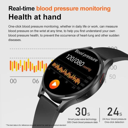 Versatile Leather Strap Smart Watch for Daily Wellness Tracking showing blood pressure 120/080 mmHg on 1.43-inch full touch screen