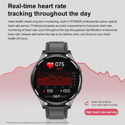 Versatile Leather Strap Smart Watch for Daily Wellness Tracking showing real-time heart rate 075 BPM on 1.43-inch full touch screen with leather strap