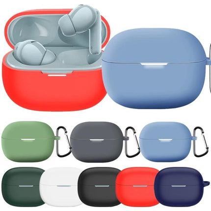 Silicone Case for Protecting Earphones in Daily Activities shown in multiple colors with anti-shock silicone protection and carabiner