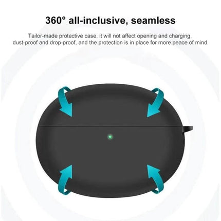 Silicone Case for Protecting Earphones in Daily Activities showing top-down black silicone protective earphone case with 360° arrows and indicator light