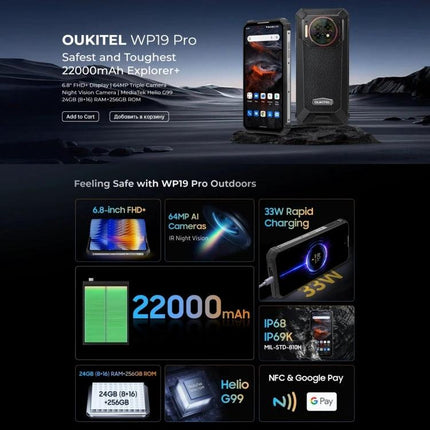 Oukitel WP19 Smartphone for Everyday Adventures and Connectivity rugged phone showing 22000mAh battery, 64MP camera, 6.8-inch FHD+ display