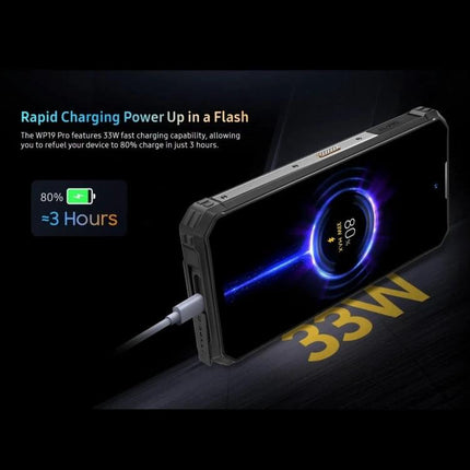 Oukitel WP19 Smartphone for Everyday Adventures and Connectivity showing 33W rapid charging cable and 80% in ~3 hours battery indicator