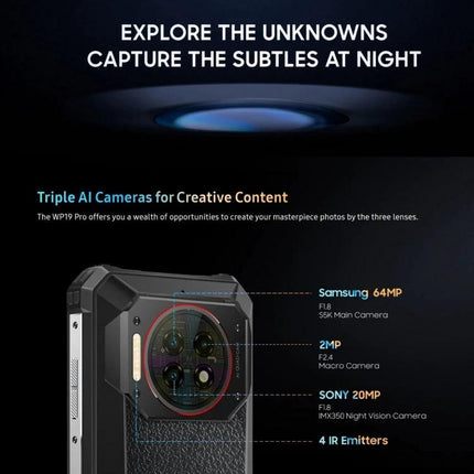 Oukitel WP19 Smartphone for Everyday Adventures and Connectivity with triple AI cameras, 64MP main, 20MP night vision and 2MP macro for low-light shots