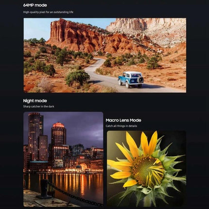 Oukitel WP19 Smartphone for Everyday Adventures and Connectivity showing rugged landscape, night cityscape and macro sunflower camera modes