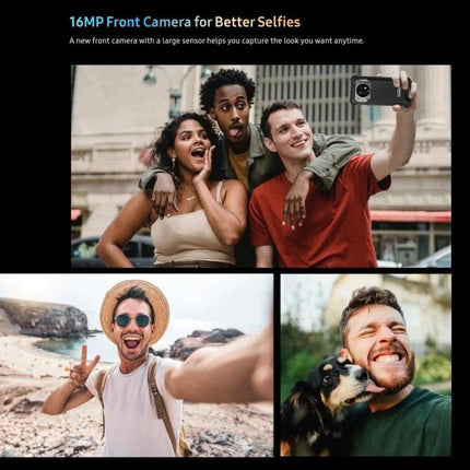 Oukitel WP19 Smartphone for Everyday Adventures and Connectivity showing group selfie, solo beach selfie, and pet selfie demonstrating 16MP front camera and durability