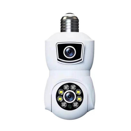 Dual-Lens Smart Camera for Home Motion Monitoring - white dual-lens bulb camera with wide-angle top and bottom lenses for door or play area surveillance