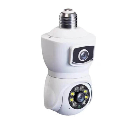 Dual-Lens Smart Camera for Home Motion Monitoring ceiling-mount bulb camera with two lenses and night LEDs for entryway surveillance