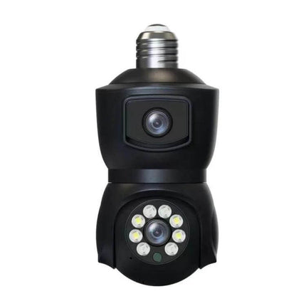 Dual-Lens Smart Camera for Home Motion Monitoring - black dual-lens bulb camera with wide-angle top lens and lower lens with LED lights for entryway surveillance