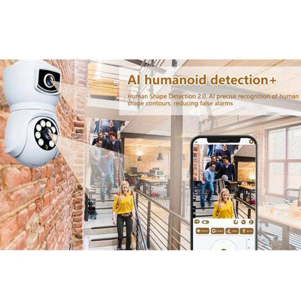 Dual-Lens Smart Camera for Home Motion Monitoring showing AI humanoid detection, dual lenses capturing wide-angle entryway and mobile alert preview