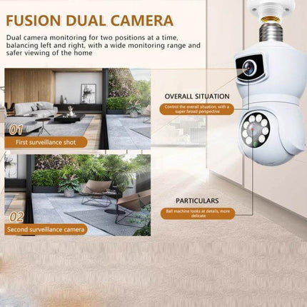 Dual-Lens Smart Camera for Home Motion Monitoring showing dual-lens camera overlooking living room and patio for wide coverage