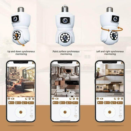 Dual-Lens Smart Camera for Home Motion Monitoring showing three-angle views and mobile live-feed with pan/tilt controls