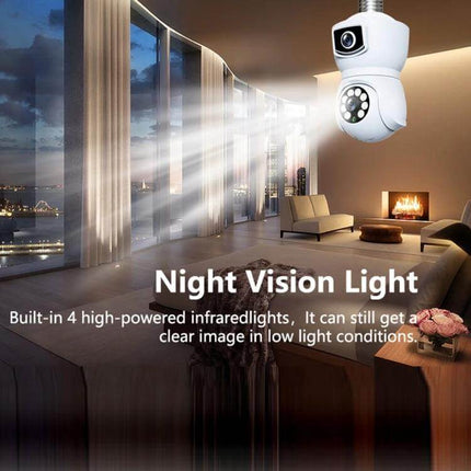 Dual-Lens Smart Camera for Home Motion Monitoring capturing wide-angle night vision view of living room with motion detection and mobile alerts