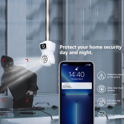 Dual-Lens Smart Camera for Home Motion Monitoring showing ceiling-mounted dual-lens camera, mobile alert and detected intruder
