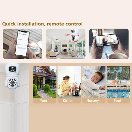 Dual-Lens Smart Camera for Home Motion Monitoring showing app control, 360° view, and use in yard, kitchen, nursery, and pool