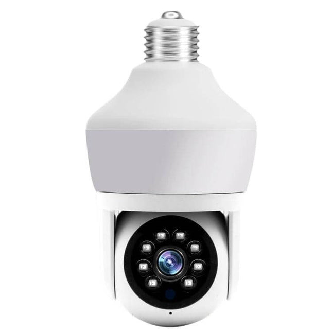 DP43 Bulb-Type Smart Camera for Home Security Monitoring with Night Vision installed in light socket showing camera lens and night vision LEDs