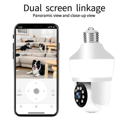 DP43 Bulb-Type Smart Camera for Home Security Monitoring with Night Vision showing dual-screen mobile app and bulb camera in socket