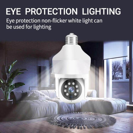 DP43 Bulb-Type Smart Camera for Home Security Monitoring with Night Vision installed in living room light socket showing night vision and two-way audio features