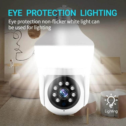 DP43 Bulb-Type Smart Camera for Home Security Monitoring with Night Vision mounted in a living room light socket showing active night vision LEDs