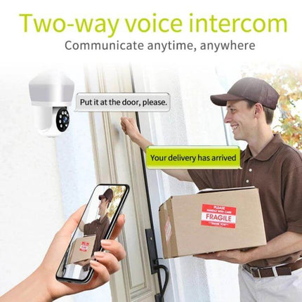 DP43 Bulb-Type Smart Camera for Home Security Monitoring with Night Vision showing two-way voice intercom and delivery alert via mobile app