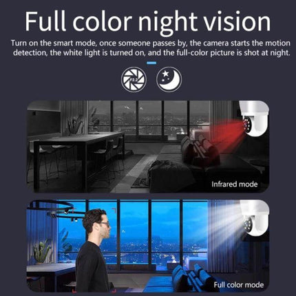 DP43 Bulb-Type Smart Camera for Home Security Monitoring with Night Vision showing infrared and full-color night vision modes in a living room