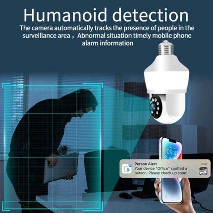 DP43 Bulb-Type Smart Camera for Home Security Monitoring with Night Vision showing humanoid detection alert on mobile app