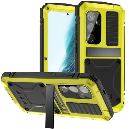 R-JUST Protective Case for Samsung Galaxy Phone Daily Use rugged yellow metal-shell case with silicone core, kickstand, camera protection