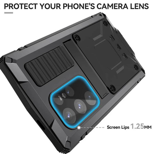R-JUST Protective Case for Samsung Galaxy Phone Daily Use showing rugged metal shell, silicone core, raised camera lens protection and precise port/button access