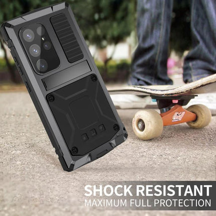 R-JUST Protective Case for Samsung Galaxy Phone Daily Use rugged black shock-resistant case with metal shell and silicone core