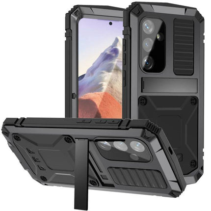 R-JUST Life Protective Case for Samsung Phones Daily Activities rugged black metal-shell case with silicone core, kickstand and precise cutouts for camera and buttons