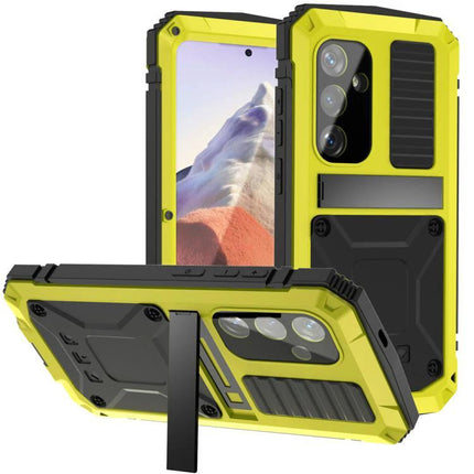 R-JUST Life Protective Case for Samsung Phones Daily Activities rugged yellow metal-shell case with silicone core, 360-degree drop protection and kickstand