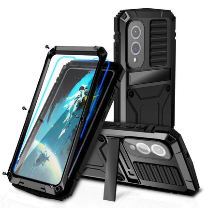 R-JUST Life Protective Case for Samsung Phones Daily Activities rugged metal shell silicone core 360-degree protection with kickstand