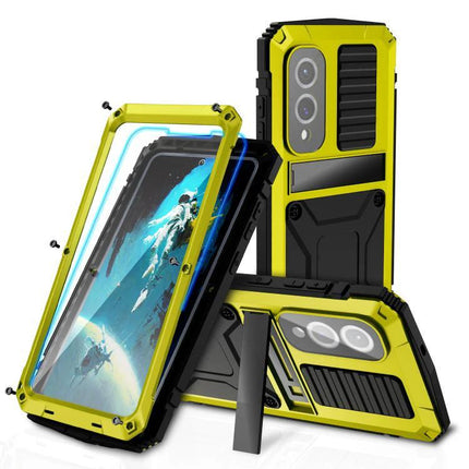 R-JUST Life Protective Case for Samsung Phones Daily Activities - yellow metal outer shell with silicone core showing 360-degree protection and kickstand