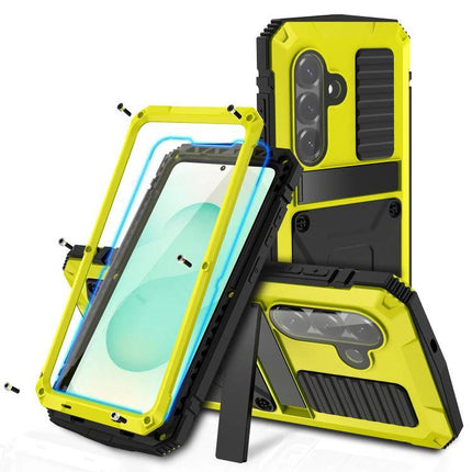 R-JUST Life Protective Case for Samsung Phones Daily Activities heavy-duty yellow metal shell with silicone core, 360-degree drop and scratch protection