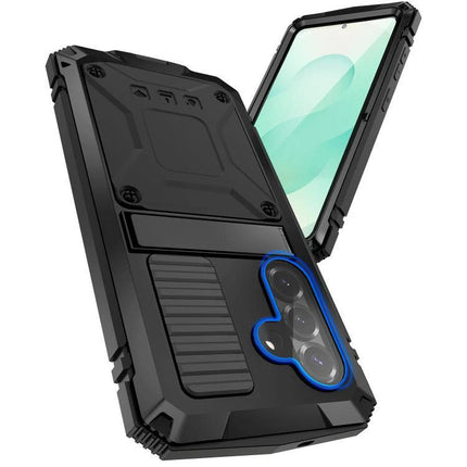 R-JUST Life Protective Case for Samsung Phones Daily Activities rugged black metal-shell case with silicone core, 360-degree drop and scratch protection