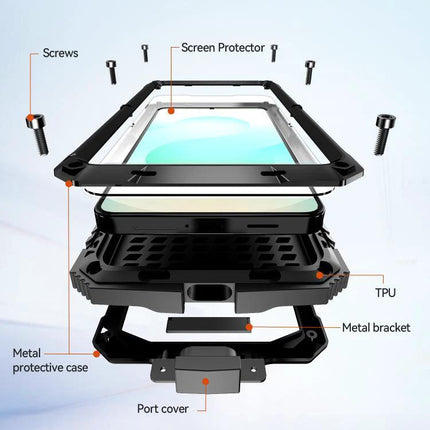 R-JUST Life Protective Case for Samsung Phones Daily Activities exploded view showing metal outer shell, silicone core (TPU), screen protector, screws and port cover
