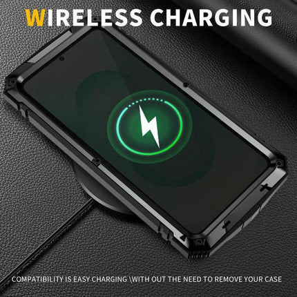 R-JUST Life Protective Case for Samsung Phones Daily Activities showing rugged metal-silicone case on Samsung phone with wireless charging icon