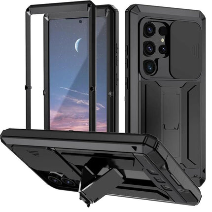 R-JUST Phone Case For Everyday Protection rugged metal-silicone hybrid with sliding camera cover and kickstand, slim drop-and-scratch resistant