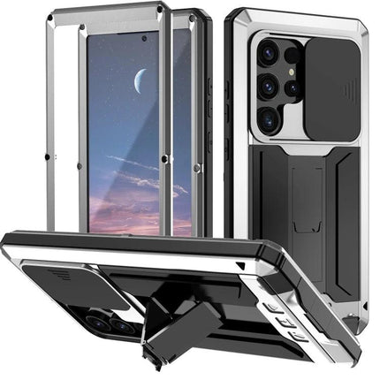 R-JUST Phone Case For Everyday Protection metal silicone hybrid with kickstand, camera cover and curved grip for commuting and workouts